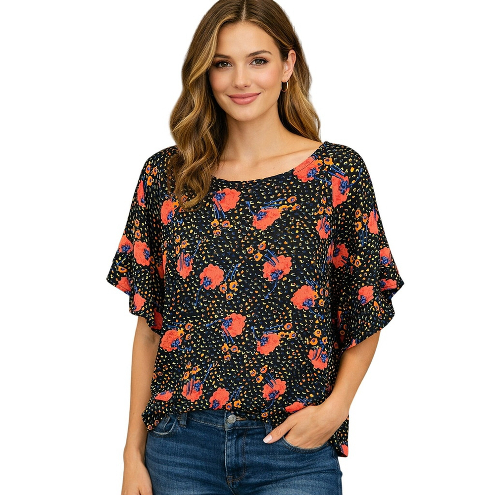 Umgee Flutter Sleeve Chiffon Floral Top Medium